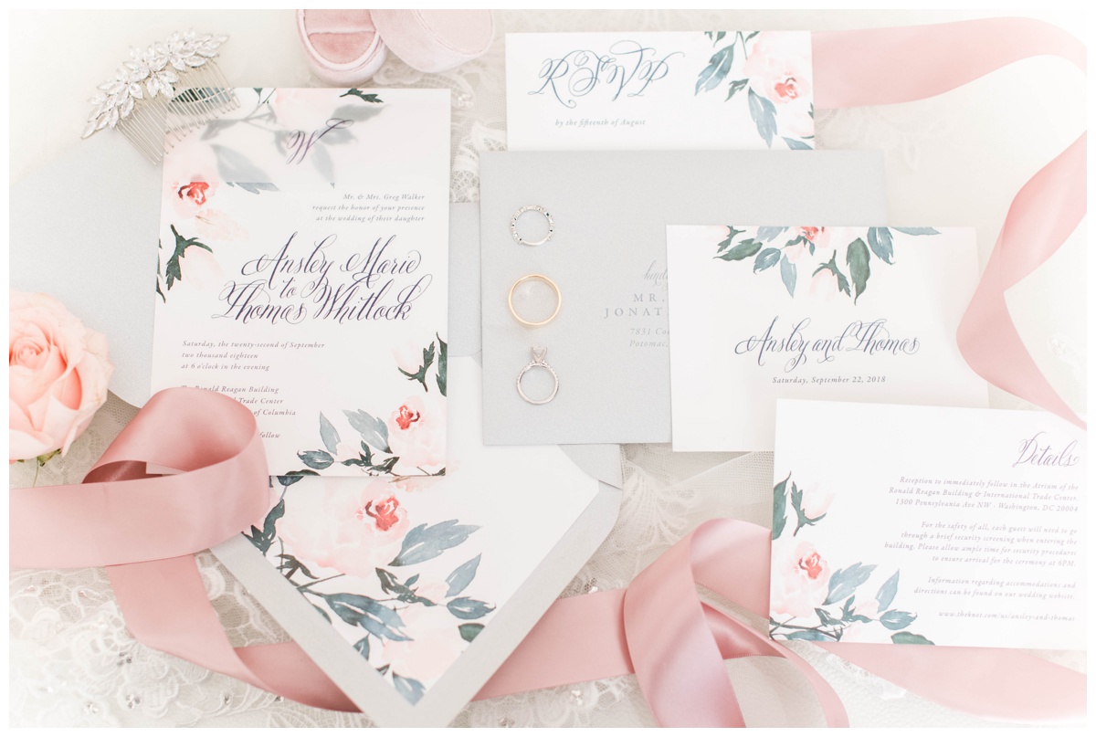 coral wedding inspiration ideas sarah and dave photography washington dc wedding ronald reagan building wedding downtown fall september soft pale light pink and coral accents wedding invitation suite flat lay