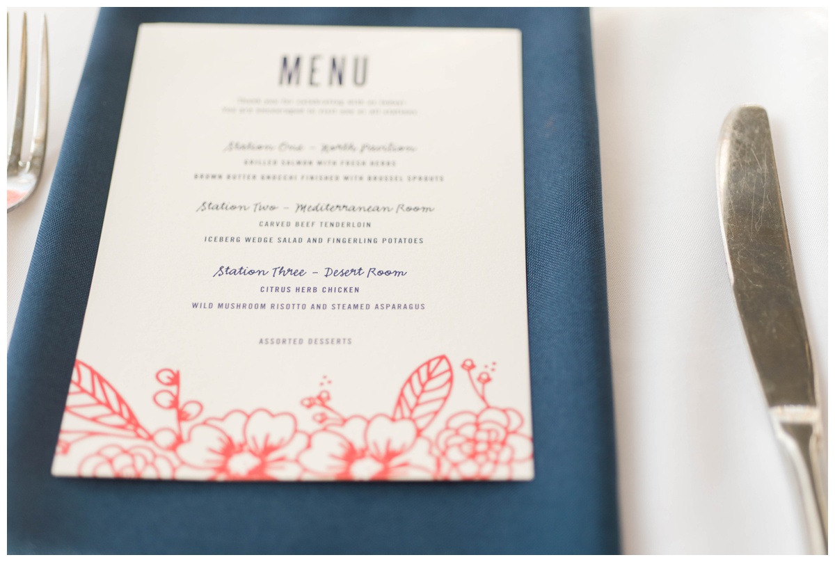 coral and blue wedding inspiration inspo ideas colors photographer baltimore wedding photography catering menu embossed flowers flat lay