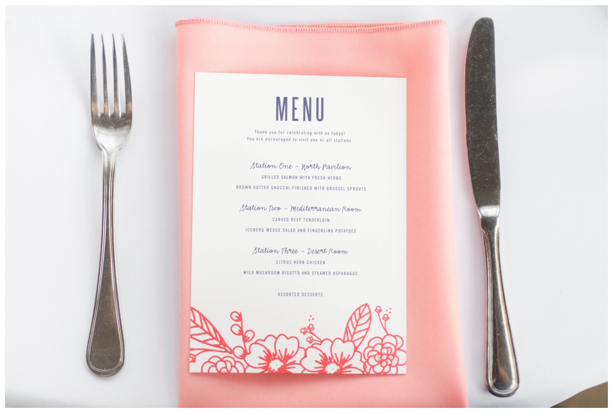 coral inspired wedding pantone color of the year living coral wedding reception menu table place setting flat lay baltimore wedding catering caterer maryland