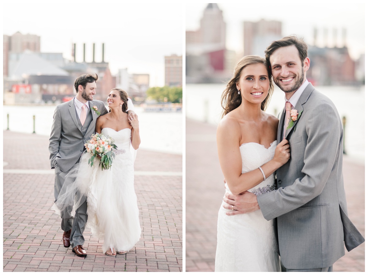 coral and light soft pink wedding colors ideas baltimore wedding american visionary art museum the avam wedding bride and groom baltimore maryland skyline inspiration portrait