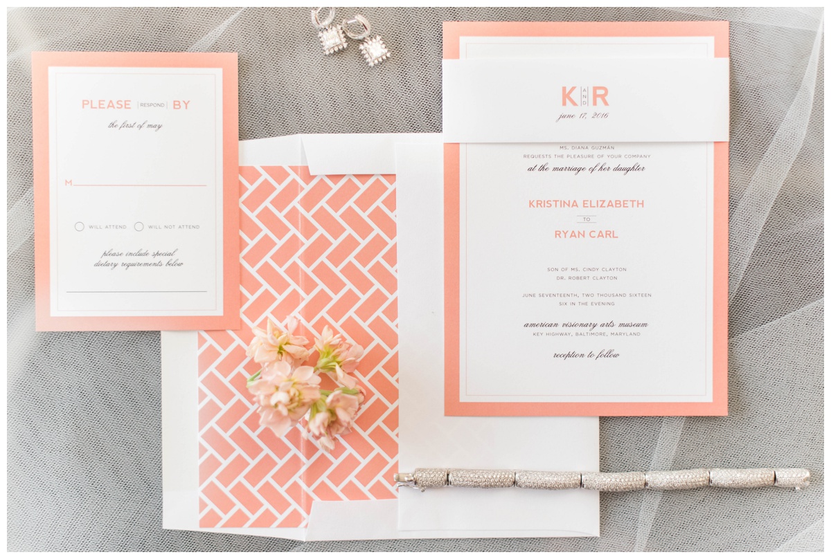 coral wedding inspiration sarah and dave photography american visionary art museum avam wedding baltimore bride and groom wedding invitation suite coral