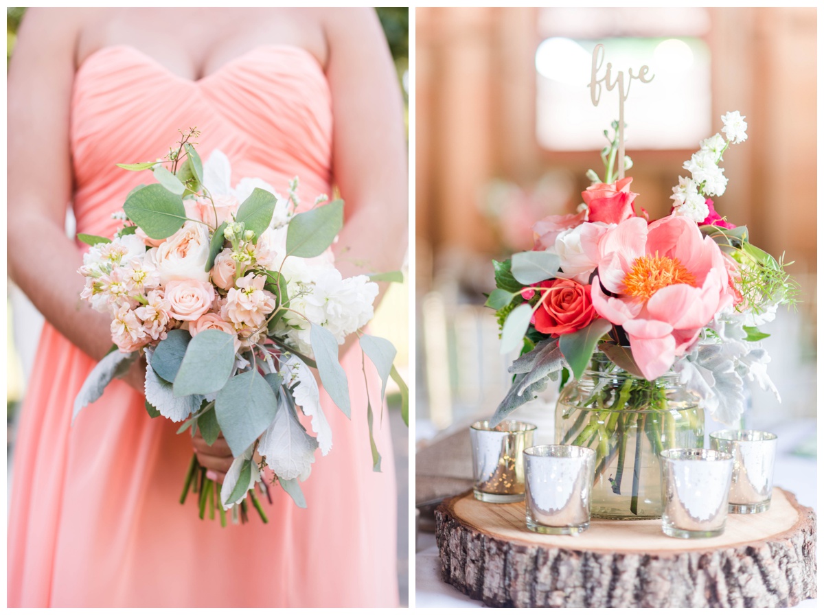 living coral wedding ideas sarah & dave photography coral bridesmaid dresses coral charm peonies center pieces rustic table decor