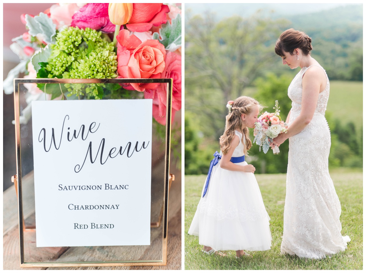 pantone color of the year 2019 living coral wedding inspiration ideas sarah and dave photography wine menu table centerpiece florals bride and flower girl