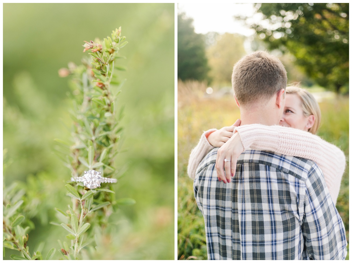 ellen and ryan engagement session in the fall at quiet waters park by annapolis wedding photographer sarah & dave photography engagement ring photo couple hugging