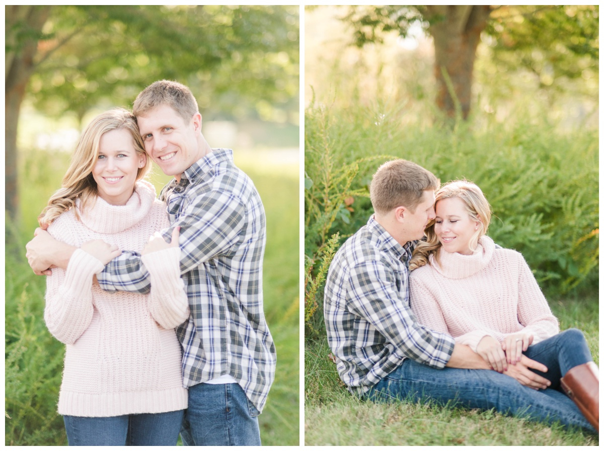 outdoor engagement session at quiet waters park in annapolis md couple sitting golden hour light by annapolis maryland wedding photographer sarah & dave photography