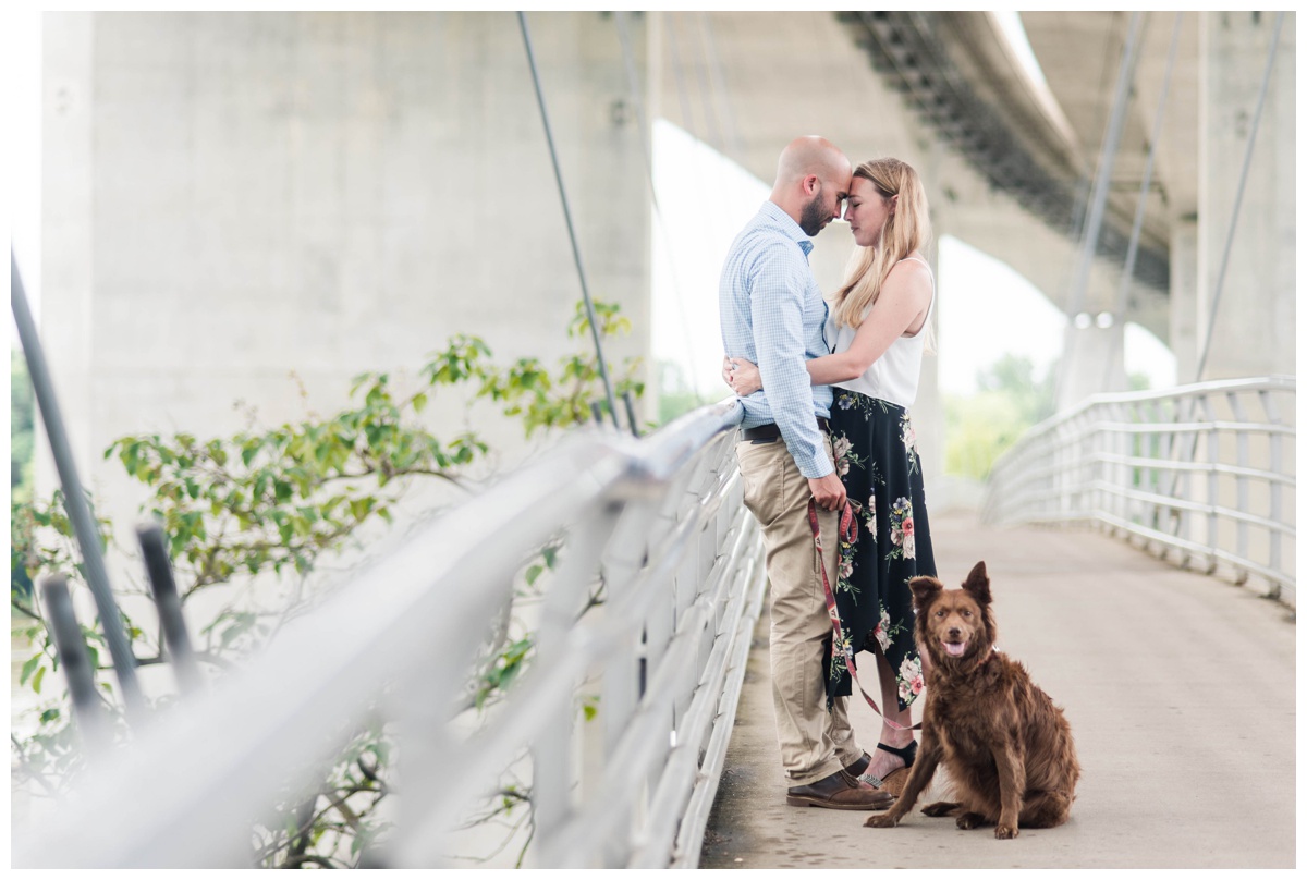 rva engagement at belle isle in richmond virginia with dog steel bridge industrial vibes photos by sarah & dave photography