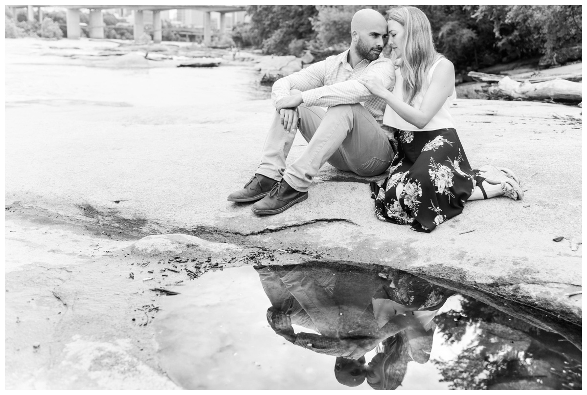 black and white engagement photo with water reflection at belle isle in richmond va by virginia wedding photographer sarah & dave photography