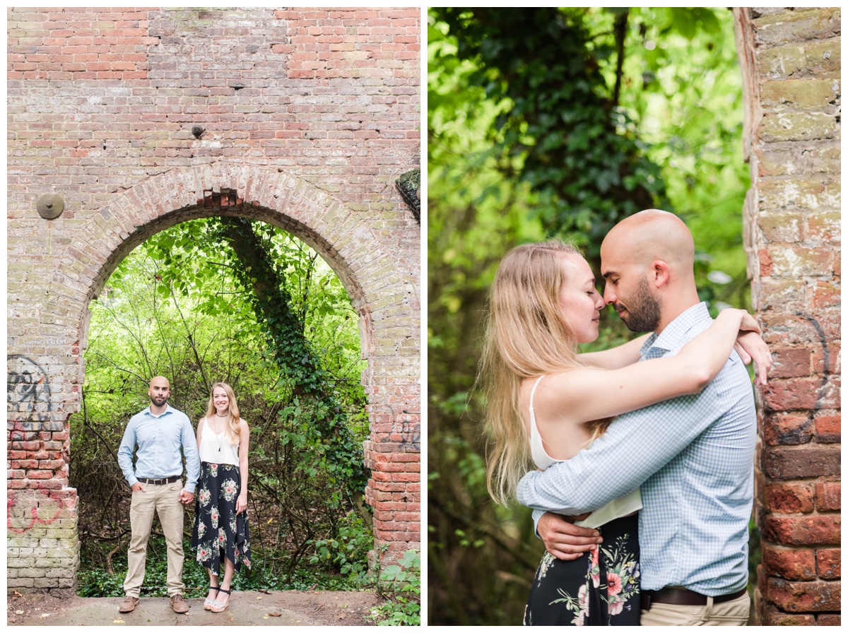 historic tredegar ironworks richmond virginia site engagement photography wedding ideas by sarah & dave photographer richmond virginia wedding elopement couple standing in front of brick backdrop