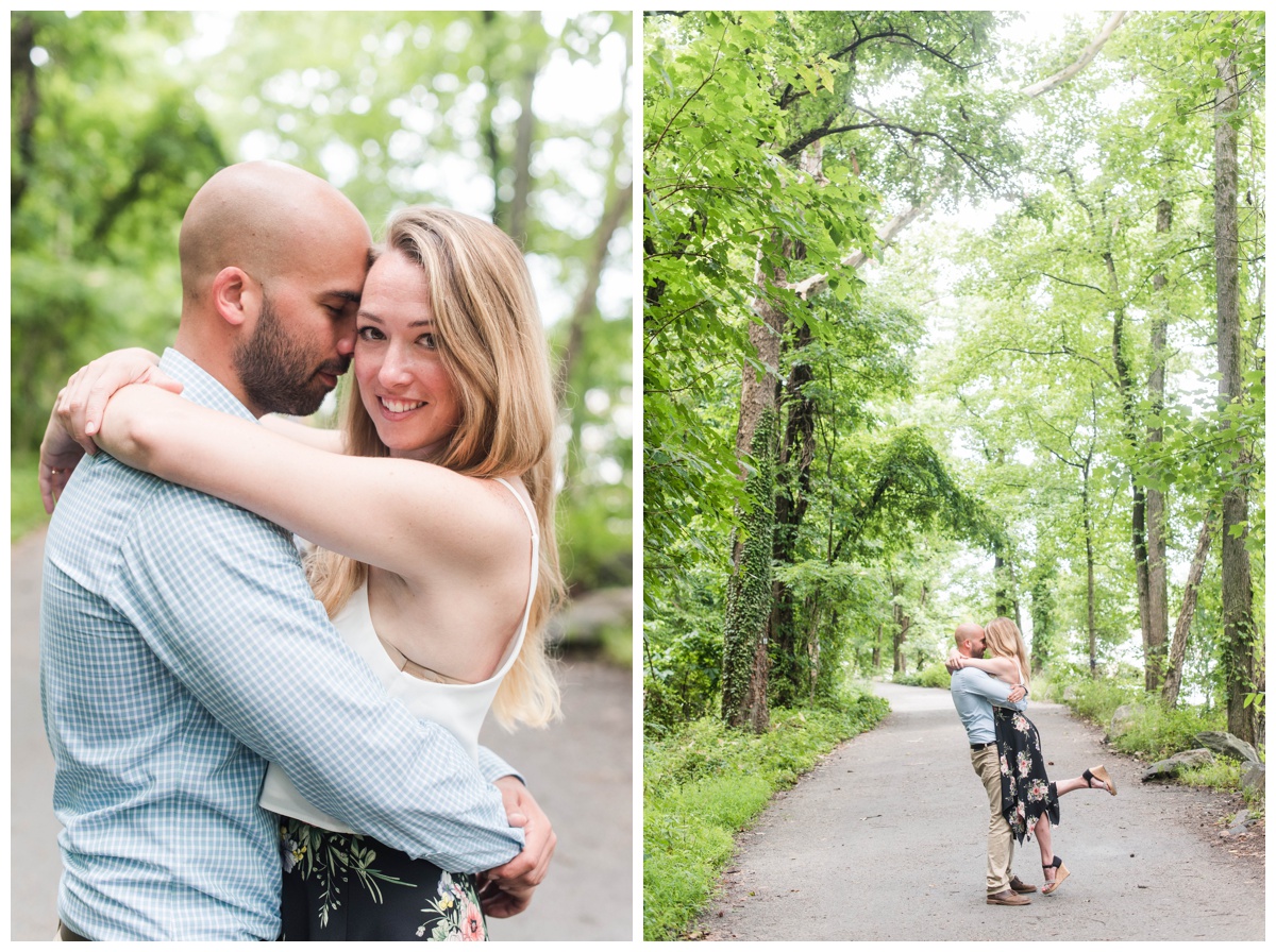 couple embracing hugging in park trail. richmond engagement at belle isle by virginia wedding photographer sarah & dave photography