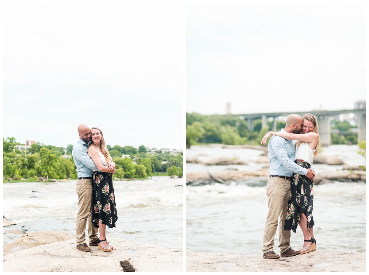 richmond rva james creek and belle isle engagement photo session with cait and phil couple embracing hugging and laughing by sarah & dave photography rva wedding photographer
