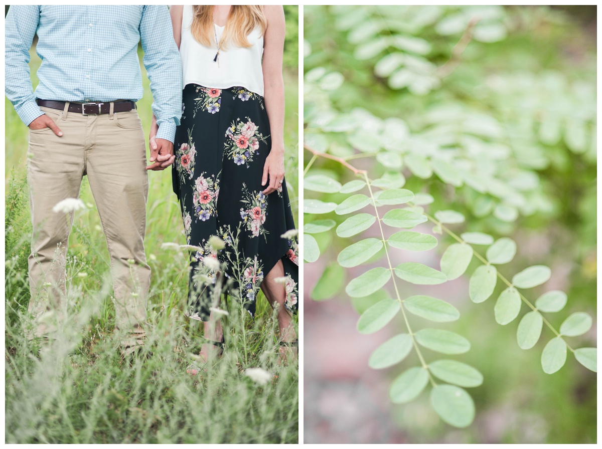 closeup of richmond couple and green leaves in the summer. engagement picture inspiration by sarah & dave photography, richmond virginia wedding and engagement photographers. couple standing in tall grass.