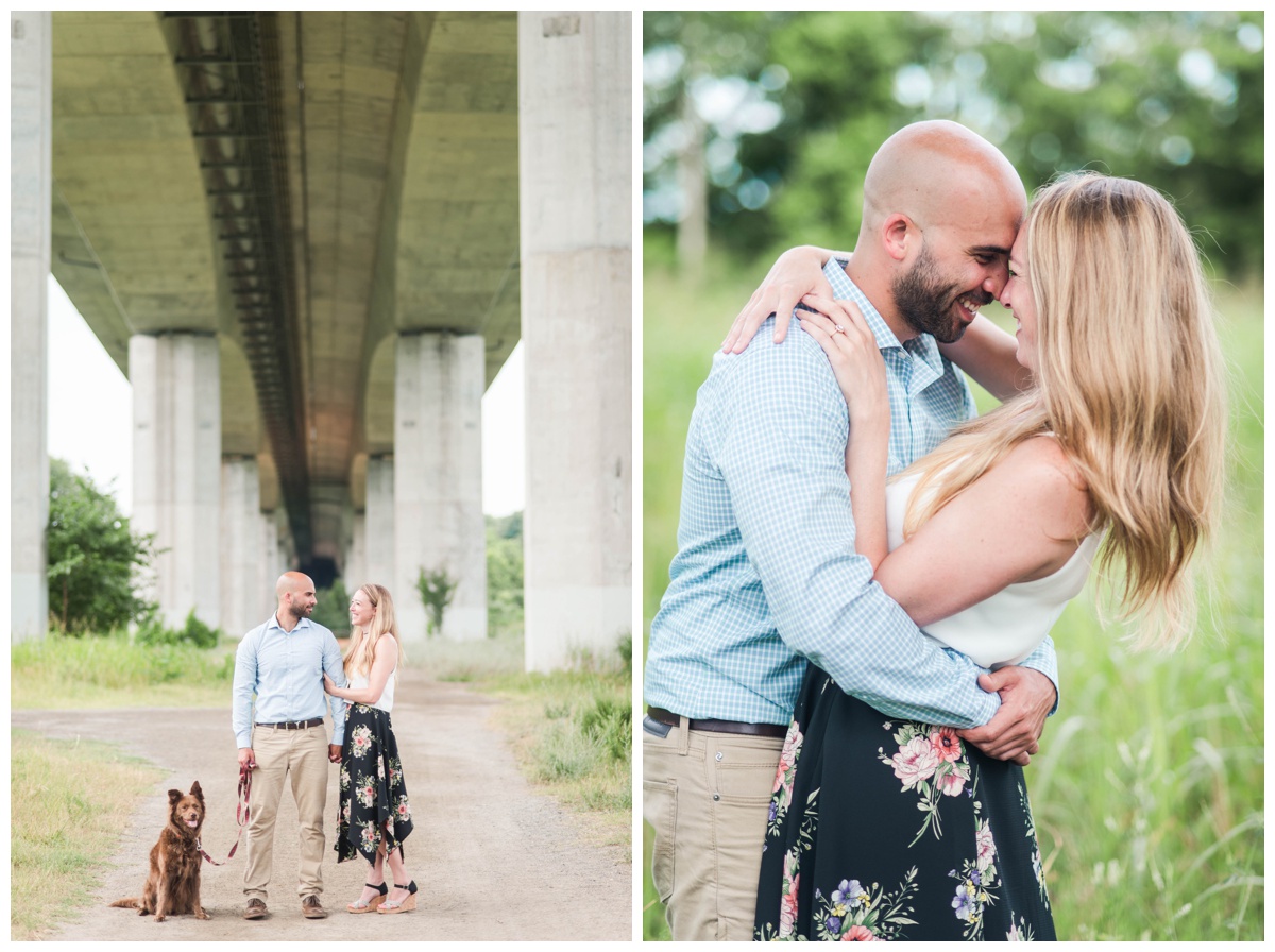 richmond belle isle engagement in the summer with dog couple looking at each other by sarah and dave photography rva virginia wedding photographer