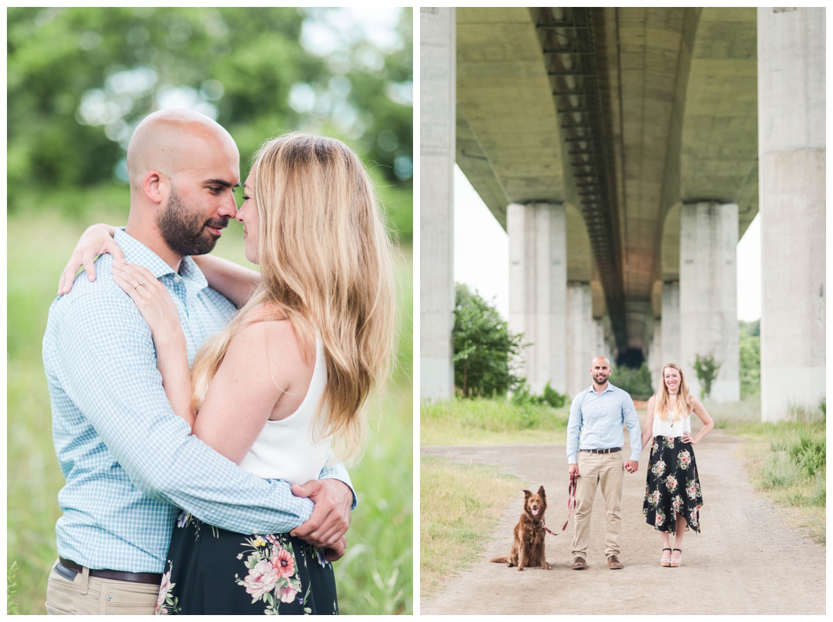 richmond engagement photo shoot with dog cityscape at belle isle rva with virginia wedding and engagement photographers sarah and dave photography