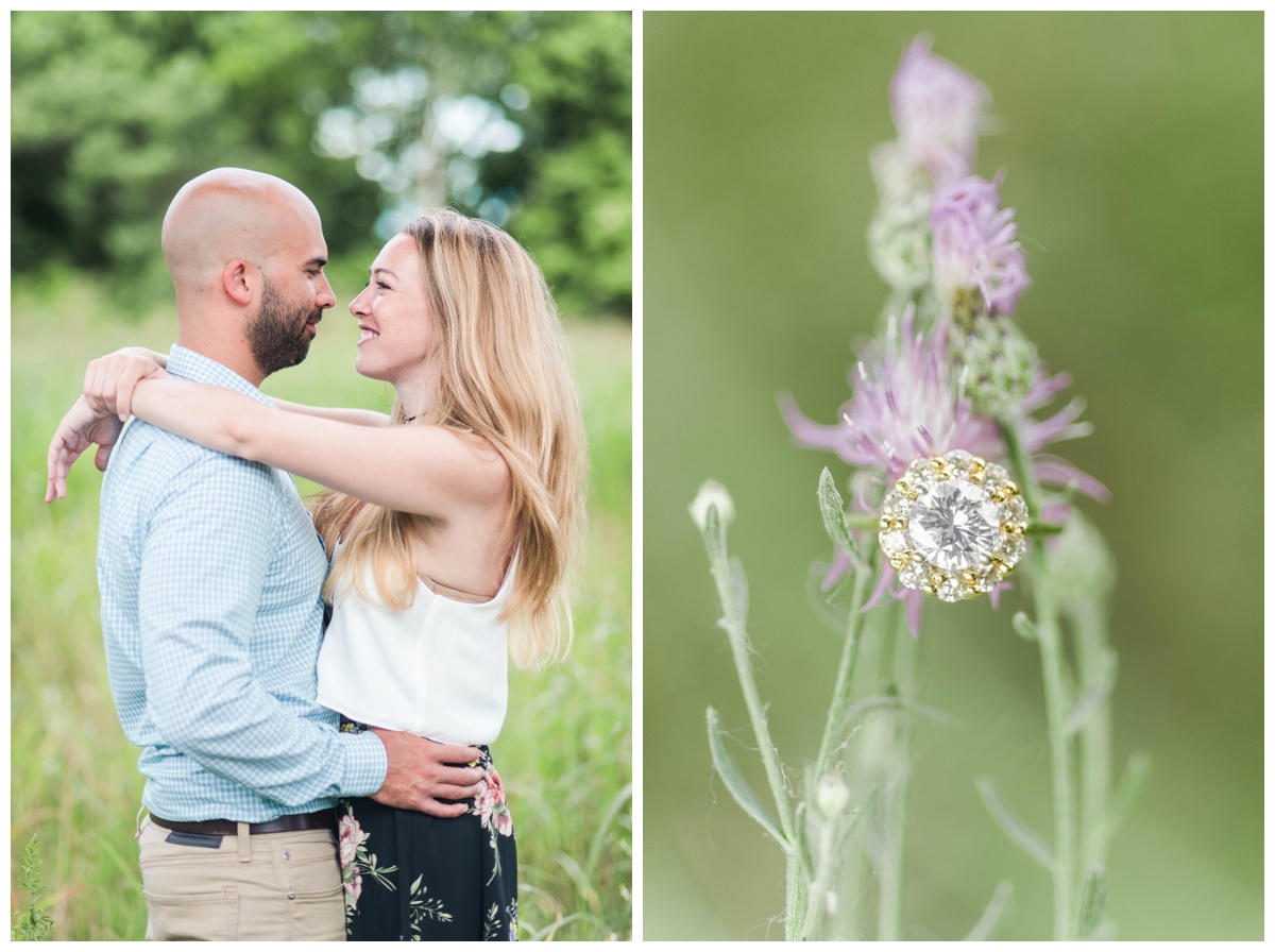engagement ring close up detail photo with couple standing close in grass green background at belle isle richmond virginia rva wedding photographer sarah & dave photography