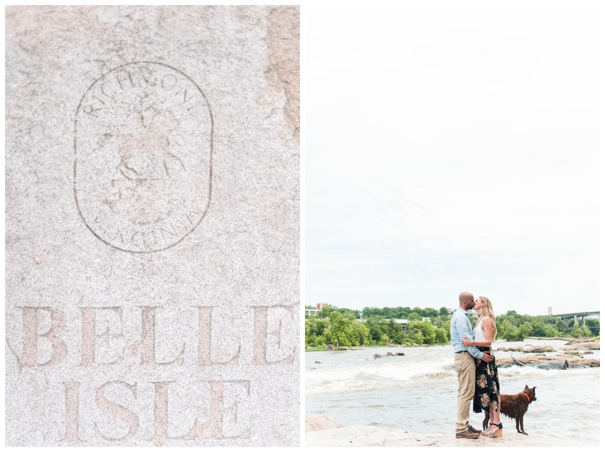 close up detail shot of belle isle sign and richmond virginia rva engagement photo inspiration in front of the james river couple with dog by wedding and engagement photographer sarah & dave photography