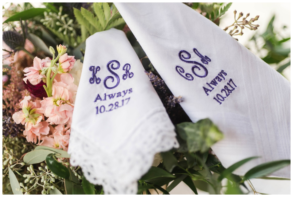 Whimsical Woodland Fall Wedding at mountain memories at thorpewood in thurmont maryland in october by sarah & dave photography richmond wedding photographer closeup of embroidered pocket square and handkerchief 