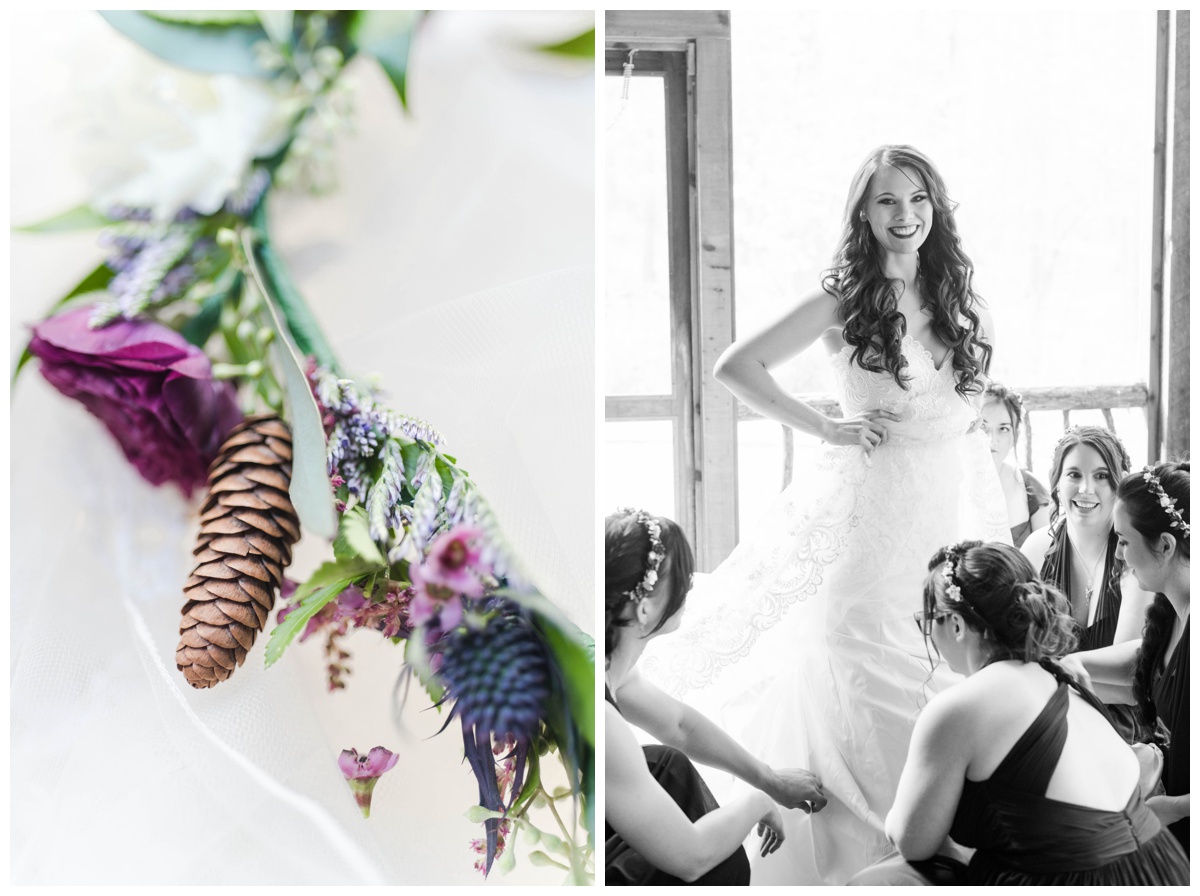 Whimsical Woodland Fall Wedding at mountain memories at thorpewood in thurmont maryland in october by sarah & dave photography richmond wedding photographer deep dark purple bridesmaid dress bridesmaid with flower crown bride and bridesmaid getting ready photo wedding invitation suite closeup horizontal outdoor wedding venue in the woods forest inspired getting ready photo closeup of flower crown with pinecone pine cones wedding inspiration