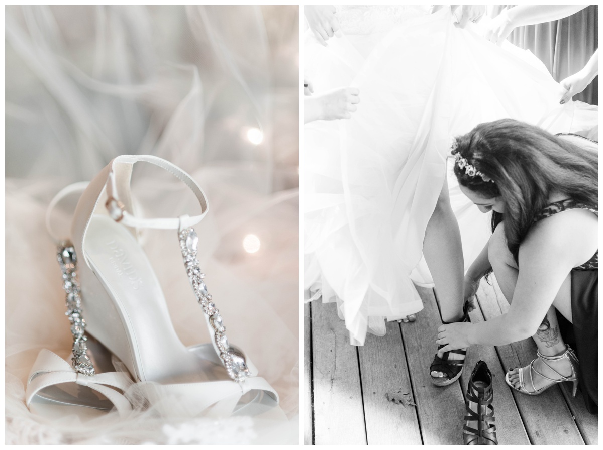 Whimsical Woodland Fall Wedding at mountain memories at thorpewood in thurmont maryland in october by sarah & dave photography richmond wedding photographer bridal shoes davids bridal white wedding shoes with jewels and wedge heel bridesmaid with flower crown helping bride with shoes inspiration black and white photo