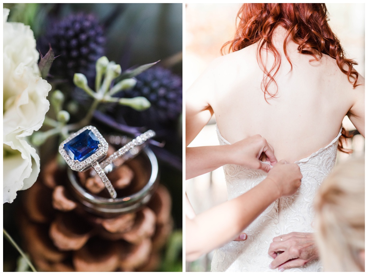 Whimsical Woodland Fall Wedding at mountain memories at thorpewood in thurmont maryland in october by sarah & dave photography richmond wedding photographer bride getting ready photo back of wedding dress closeup wedding ring trio suite with pine cone pinecone and thistle inspiration