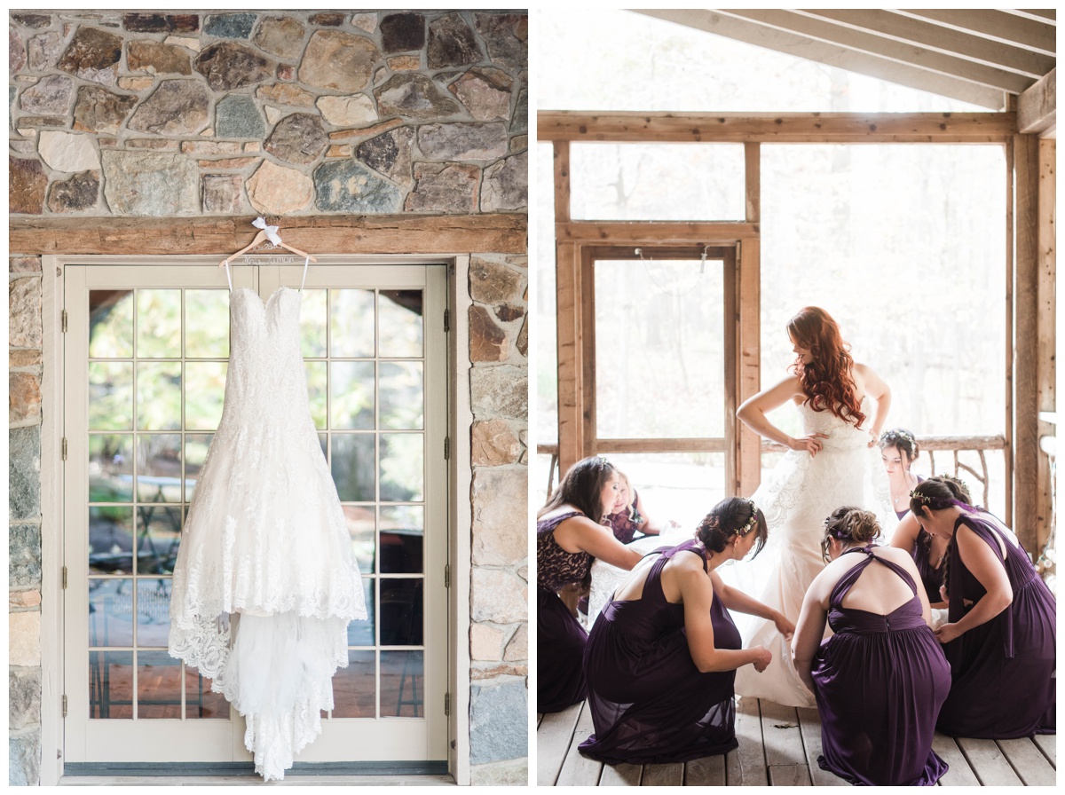 Whimsical Woodland Fall Wedding at mountain memories at thorpewood in thurmont maryland in october by sarah & dave photography richmond wedding photographer bride and bridesmaid getting ready photo wedding dress photo inspiration ideas for wedding dress photo deep dark purple bridesmaid dresses with flower crowns at outdoor wedding venue in woods forest