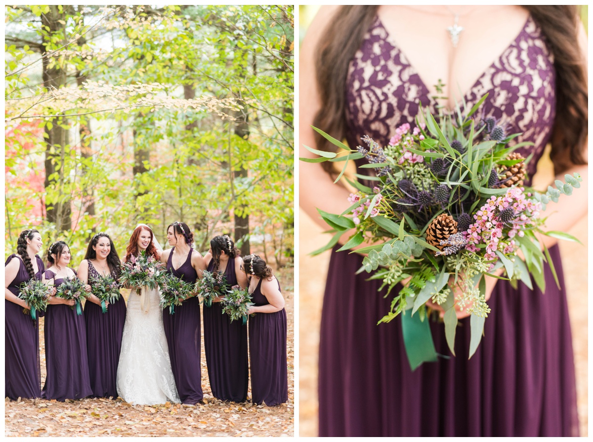 Whimsical Woodland Fall Wedding at mountain memories at thorpewood in thurmont maryland in october by sarah & dave photography richmond wedding photographer deep dark purple bridesmaid dresses holding bouquet wedding party photos with bride formal portrait ideas bridal party formal portrait inspiration black and white photo closeup of bridesmaid holding flower bouquet arrangement 