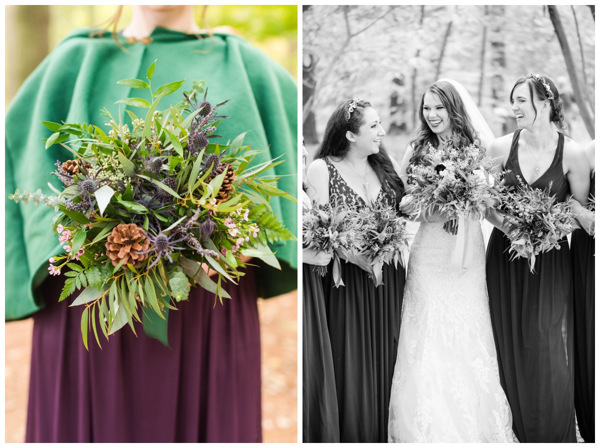 Whimsical Woodland Fall Wedding at mountain memories at thorpewood in thurmont maryland in october by sarah & dave photography richmond wedding photographer deep dark purple bridesmaid dresses holding bouquet wedding party photos with bride formal portrait ideas bridal party formal portrait inspiration black and white photo closeup of bridesmaid holding flower bouquet arrangement bridesmaid cape inspiration
