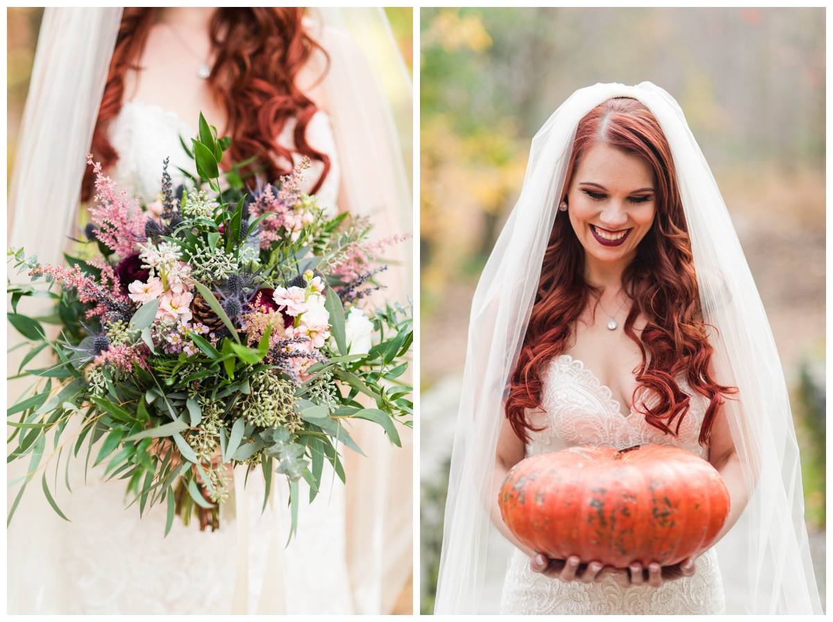 Whimsical Woodland Fall Wedding at mountain memories at thorpewood in thurmont maryland in october by sarah & dave photography richmond wedding photographer bridal portrait inspiration outdoors with pumpkin psl inspired