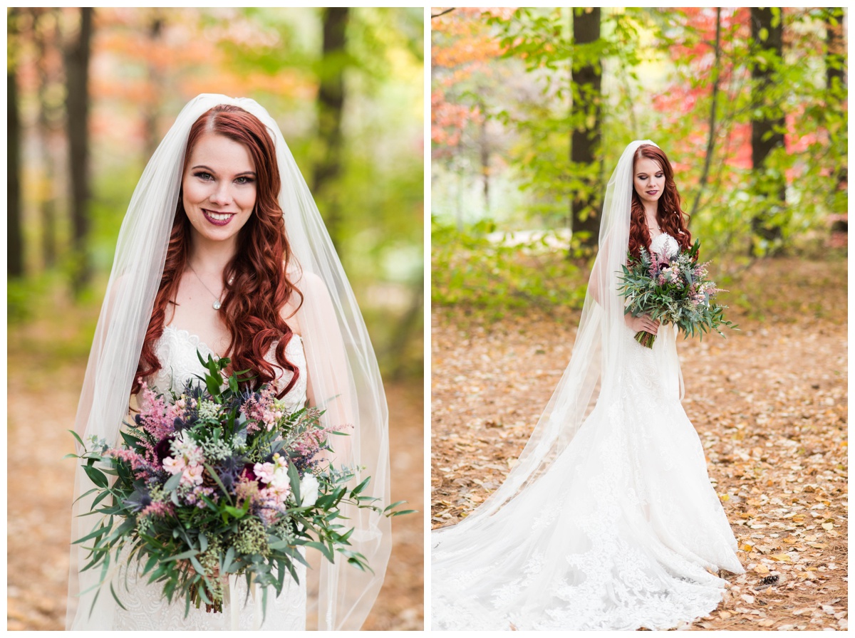 Whimsical Woodland Fall Wedding at mountain memories at thorpewood in thurmont maryland in october by sarah & dave photography richmond wedding photographer bridal formal portrait leaves changing outdoor wedding venue in the forest inspired 
