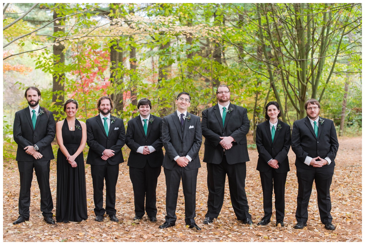 Whimsical Woodland Fall Wedding at mountain memories at thorpewood in thurmont maryland in october by sarah & dave photography richmond wedding photographer groom and groomsmen and groomswoman wedding party formal portraits black dress green ties charcoal gray black suit