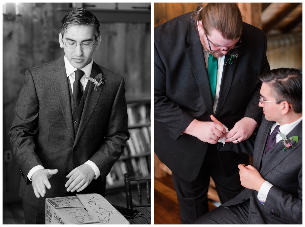 Whimsical Woodland Fall Wedding at mountain memories at thorpewood in thurmont maryland in october by sarah & dave photography richmond wedding photographer groom and groomsmen inspiration getting ready detail photo inspiration groom buttoning sleeves cufflinks 