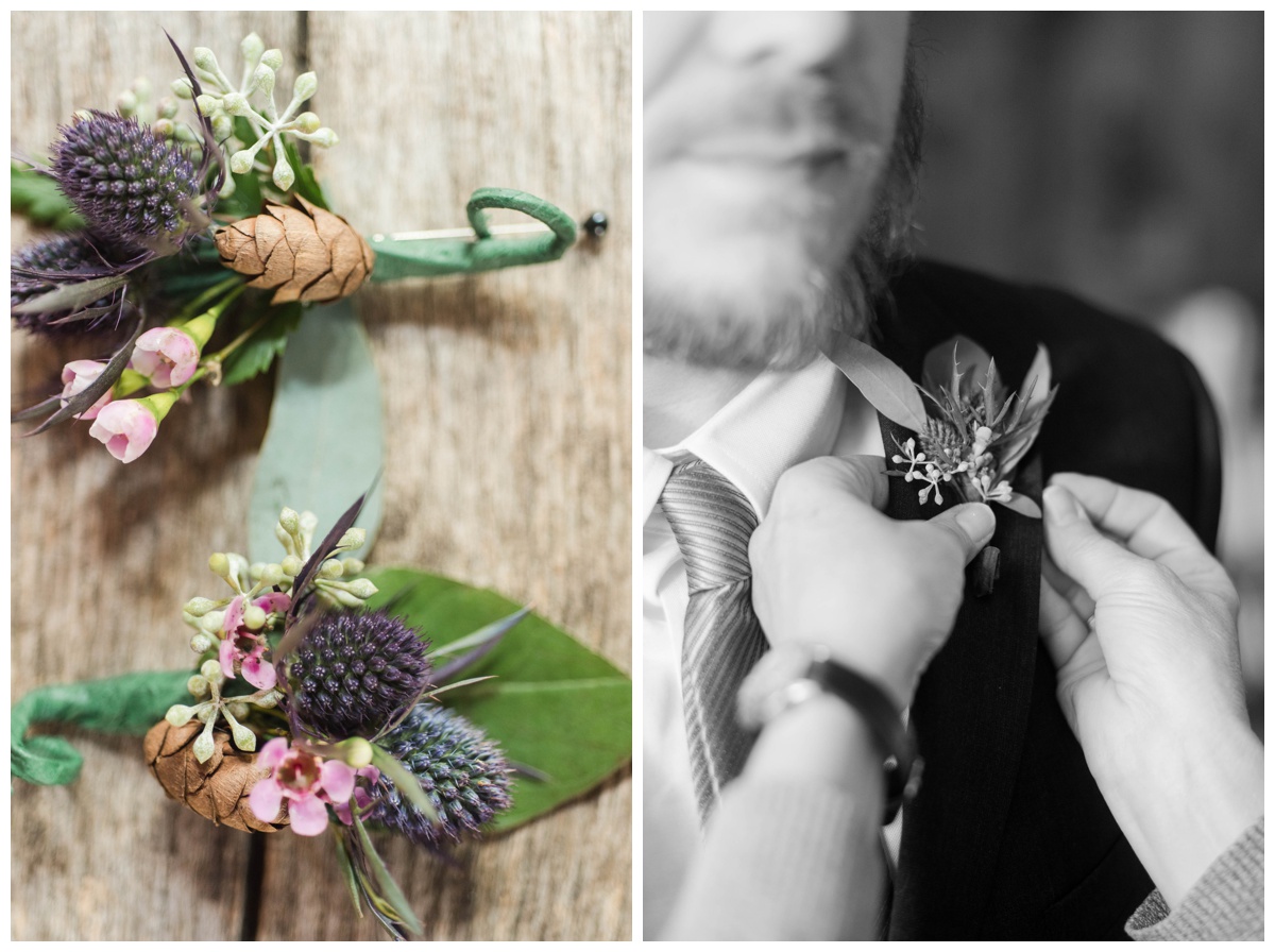 Whimsical Woodland Fall Wedding at mountain memories at thorpewood in thurmont maryland in october by sarah & dave photography richmond wedding photographer forest woodland whimsical fairy inspired boutonniere for groom and groomsmen inspiration pink flowers with deep purple thistle leaves and pinecone pinecones black and white photo inspiration
