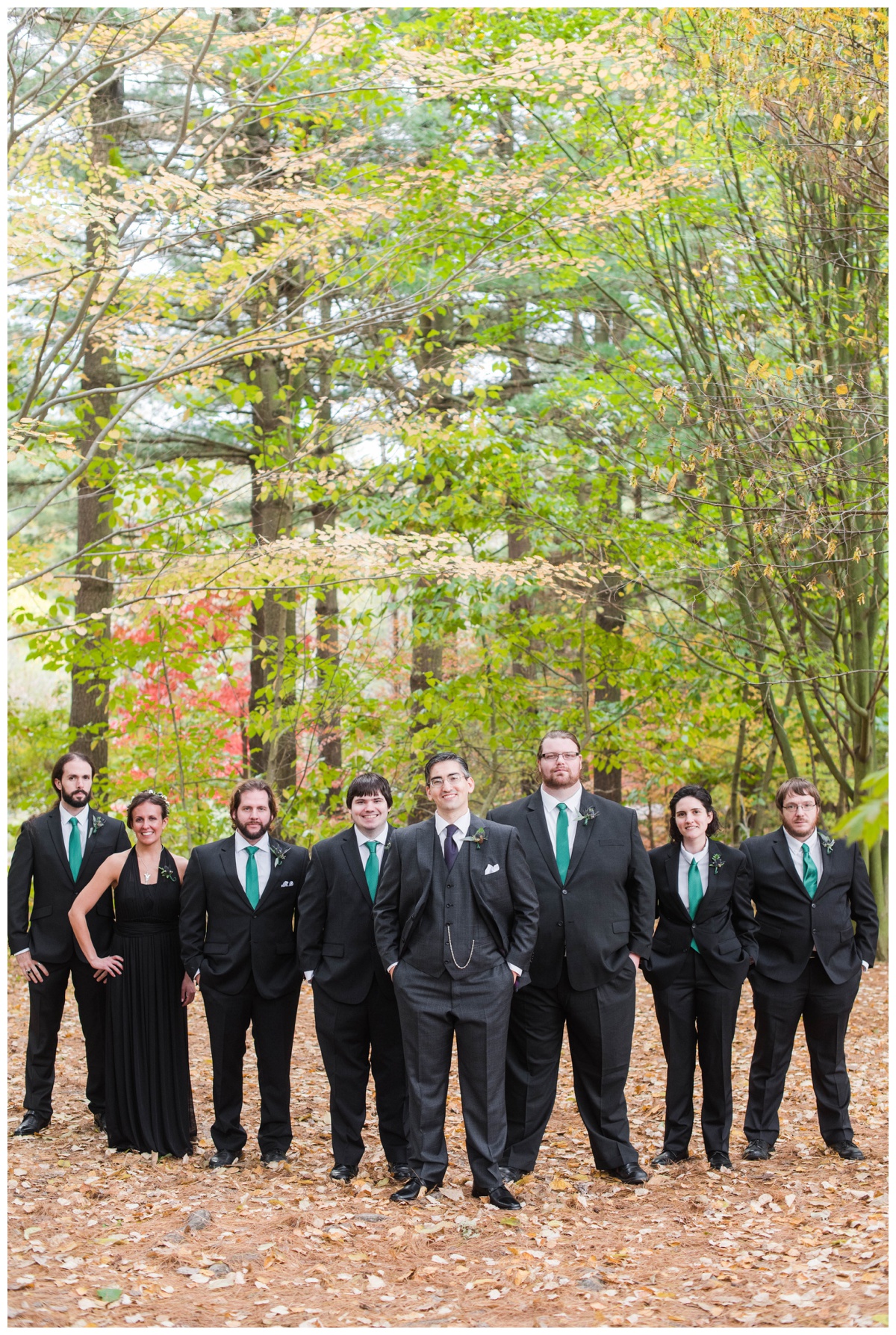 Whimsical Woodland Fall Wedding at mountain memories at thorpewood in thurmont maryland in october by sarah & dave photography richmond wedding photographer groom and groomsmen and groomswoman wedding party formal portraits black dress green ties charcoal gray black suit in the woods forest outdoor inspired wedding photo