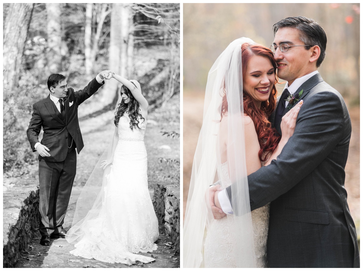 Whimsical Woodland Fall Wedding at mountain memories at thorpewood in thurmont maryland in october by sarah & dave photography richmond wedding photographer groom and bride first look photo inspiration purple tie charcoal gray black suit white wedding dress changing leaves bride and groom couple hugging and dancing black and white photo