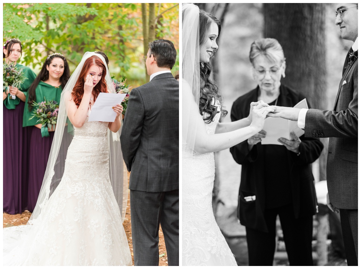 Whimsical Woodland Fall Wedding at mountain memories at thorpewood in thurmont maryland in october by sarah & dave photography richmond wedding photographer forest inspired outdoor ceremony in the woods bride and groom at altar bride placing ring on finger saying vows tearful crying black and white photo