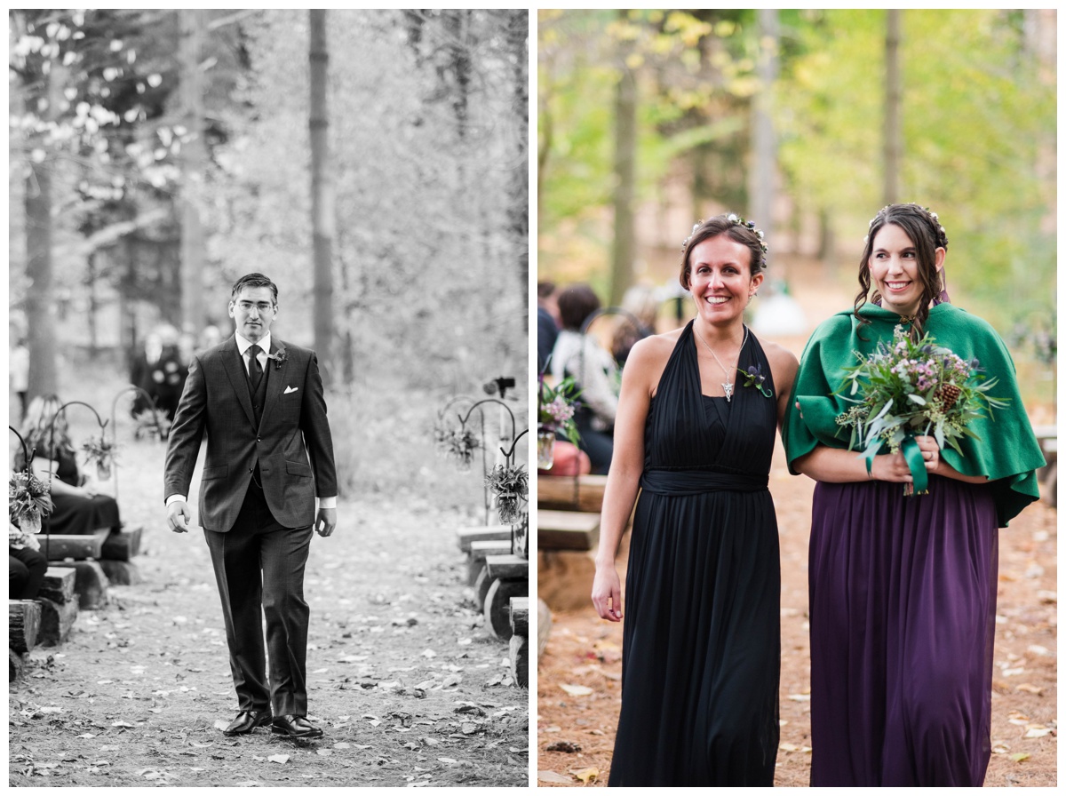 Whimsical Woodland Fall Wedding at mountain memories at thorpewood in thurmont maryland in october by sarah & dave photography richmond wedding photographer forest inspired outdoor ceremony in the woods bridesmaid and groomwoman walking down aisle log tree stump seating seats black dress deep dark purple bridesmaid dress with green cape bridesmaid cape fall wedding attire dress inspiration groom walking down aisle log tree stump seating seats 