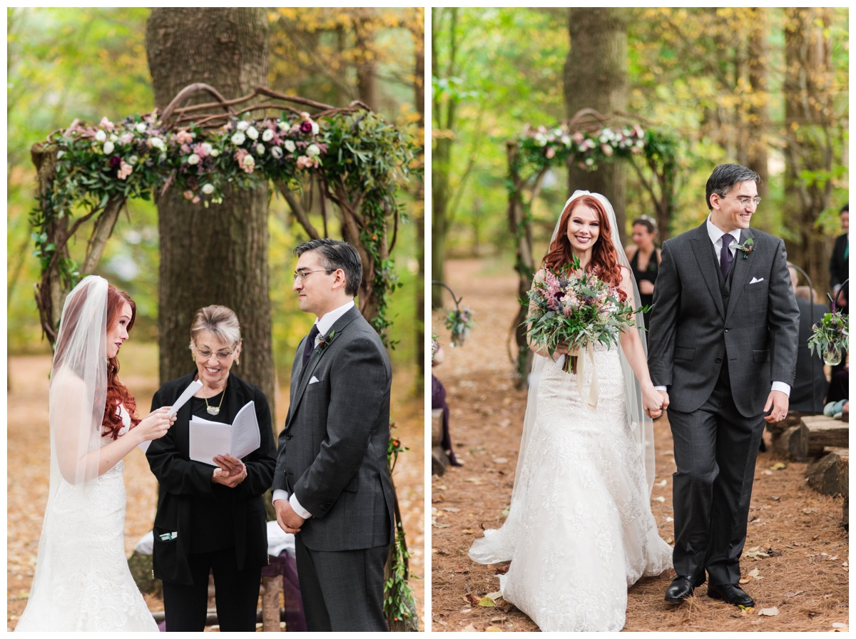 Whimsical Woodland Fall Wedding at mountain memories at thorpewood in thurmont maryland in october by sarah & dave photography richmond wedding photographer forest inspired outdoor ceremony in the woods bride and groom at altar bride placing ring on finger saying vows tearful crying black and white photo just married i now pronounce you man and wife just married inspiration