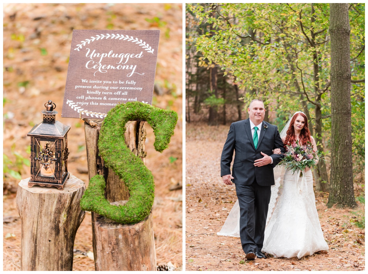 Whimsical Woodland Fall Wedding at mountain memories at thorpewood in thurmont maryland in october by sarah & dave photography richmond wedding photographer forest inspired outdoor ceremony in the woods bride and father of the bride walking down aisle log tree stump seating seats moss covered letter with tree stump forest rustic inspired wedding decor unplugged ceremony ideas