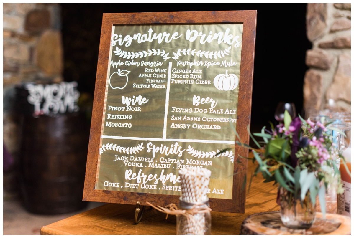 Whimsical Woodland Fall Wedding at mountain memories at thorpewood in thurmont maryland in october by sarah & dave photography richmond wedding photographer woodland forest inspired wedding reception decorations decor drink menu gold background with wooden frame
