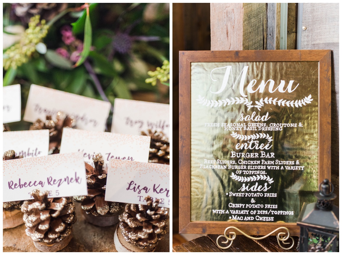Whimsical Woodland Fall Wedding at mountain memories at thorpewood in thurmont maryland in october by sarah & dave photography richmond wedding photographer woodland forest inspired wedding reception decorations decor drink menu gold background with wooden frame pinecone table name cards