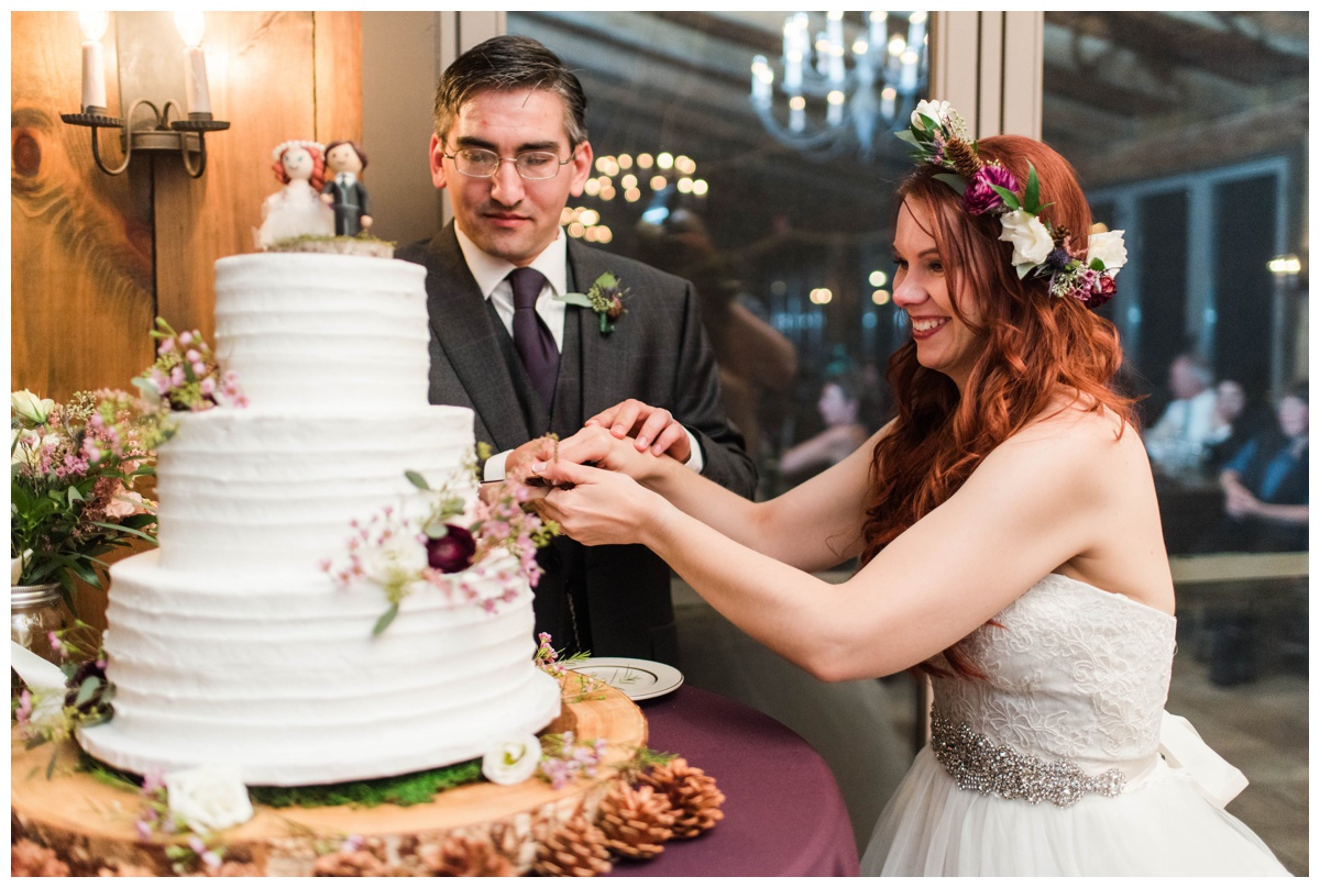 Whimsical Woodland Fall Wedding at mountain memories at thorpewood in thurmont maryland in october by sarah & dave photography richmond wedding photographer woodland forest inspired wedding cake three tiered photo inspiration cake cutting ceremony