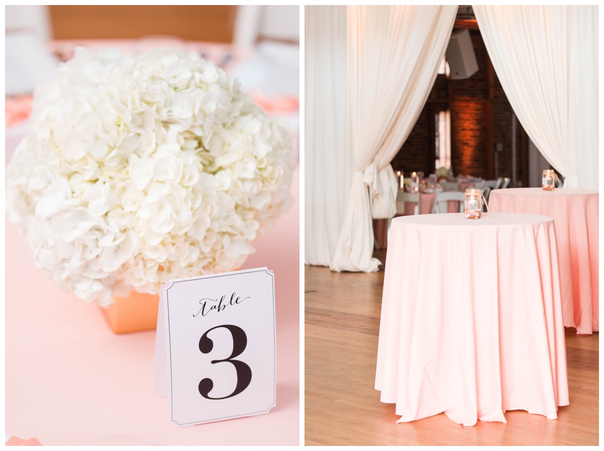american visionary art museum wedding in baltimore maryland by richmond wedding photographer sarah & dave photography pink coral peach wedding colors summer ceremony inspiration plain white draped backdrop light soft pink tablecloth with table number inspiration