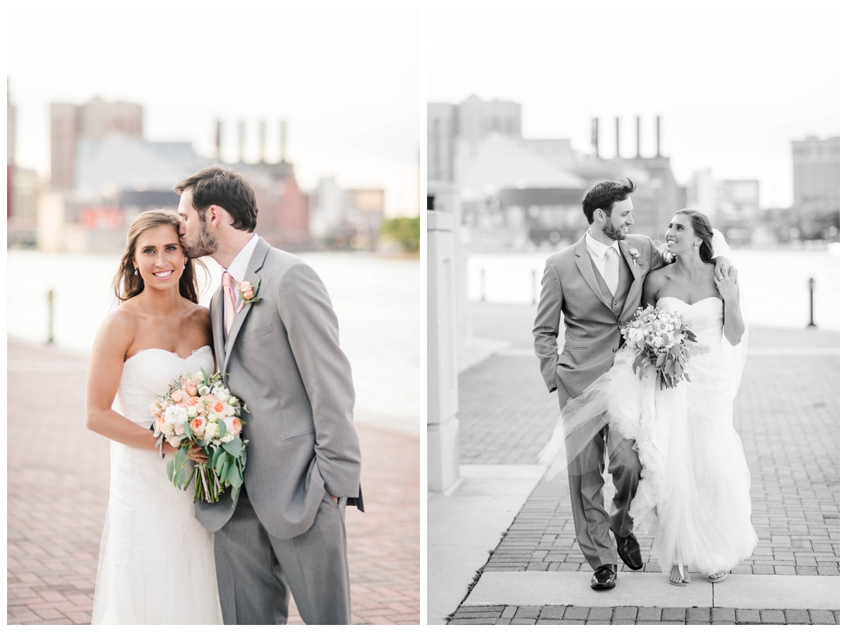 american visionary art museum wedding in baltimore maryland by richmond wedding photographer sarah & dave photography pink coral peach wedding colors summer pink coral peach and white wedding colors bride and groom formal portraits baltimore cityscape skyline in background backdrop ideas gray suit strapless wedding dress with sweetheart neckline