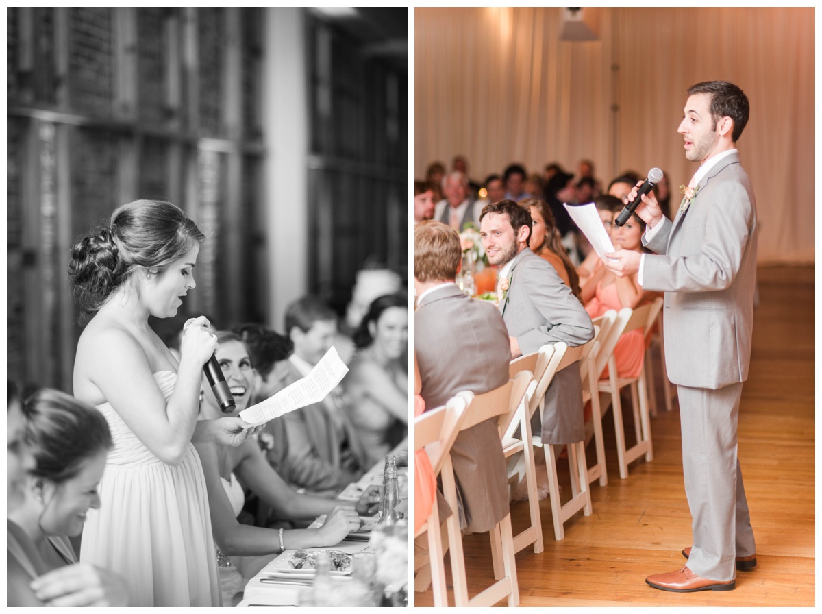 american visionary art museum wedding in baltimore maryland by richmond wedding photographer sarah & dave photography pink coral peach wedding colors summer wedding speeches giving toasts cheers to the bride and groom 