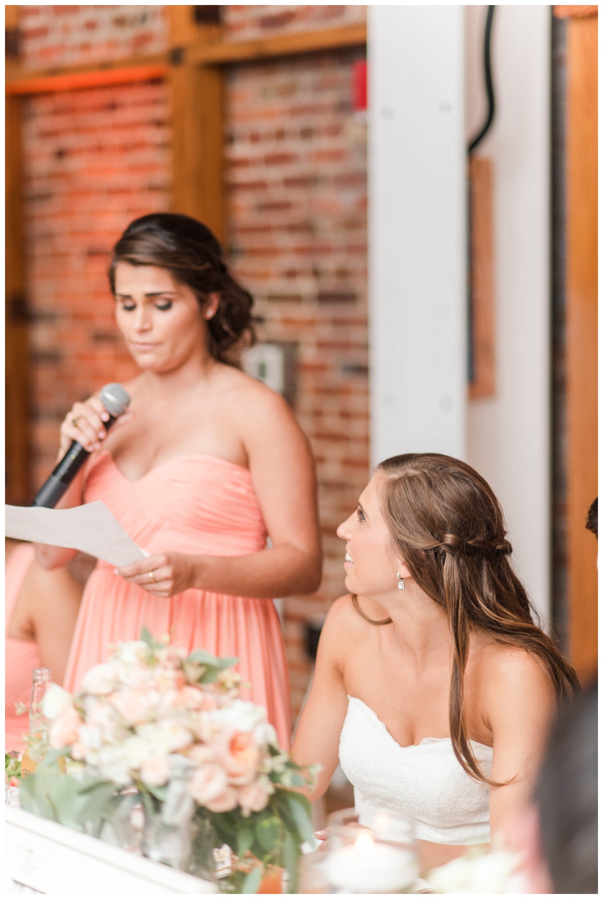 american visionary art museum wedding in baltimore maryland by richmond wedding photographer sarah & dave photography pink coral peach wedding colors summer wedding bridesmaid dress speech cheers reception photo inspiration