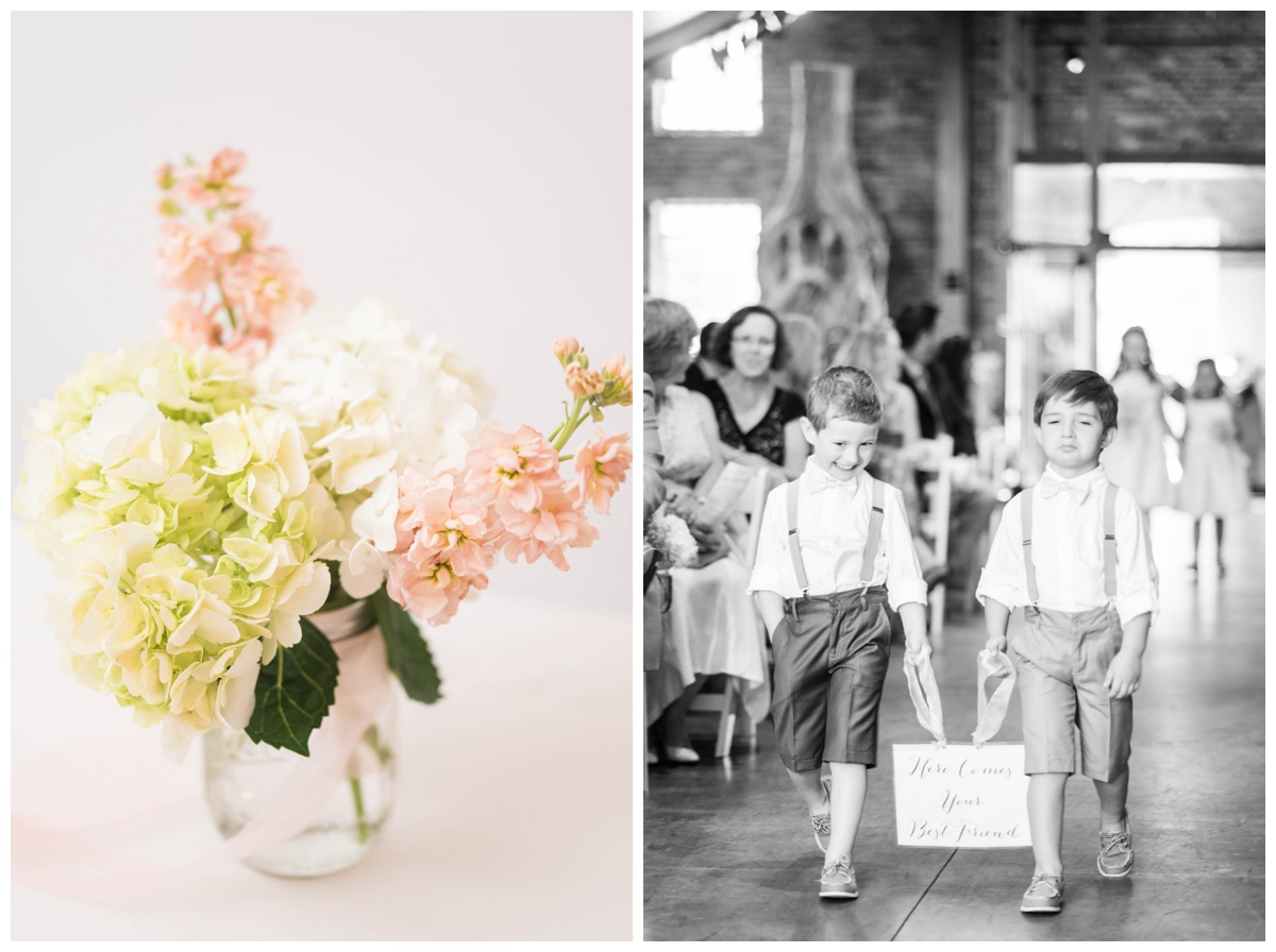 american visionary art museum wedding in baltimore maryland by richmond wedding photographer sarah & dave photography pink coral peach wedding colors summer wedding wedding flower ceremony decorations ringbearers walking down aisle holding sign