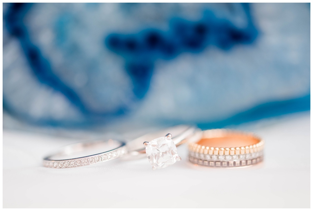 shades of blue wedding inspiration at quirk hotel in richmond virginia by rva wedding photographer sarah & dave photography wedding ring trio suite with geode display