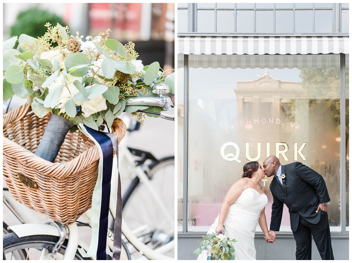 shades of blue wedding inspiration at quirk hotel in richmond virginia by rva wedding photographer sarah & dave photography quirk hotel richmond virginia outside inside wedding venue photo inspiration beach cruiser blue bicycle with basket and bridal bouquet flowers bride and groom formal portrait kissing