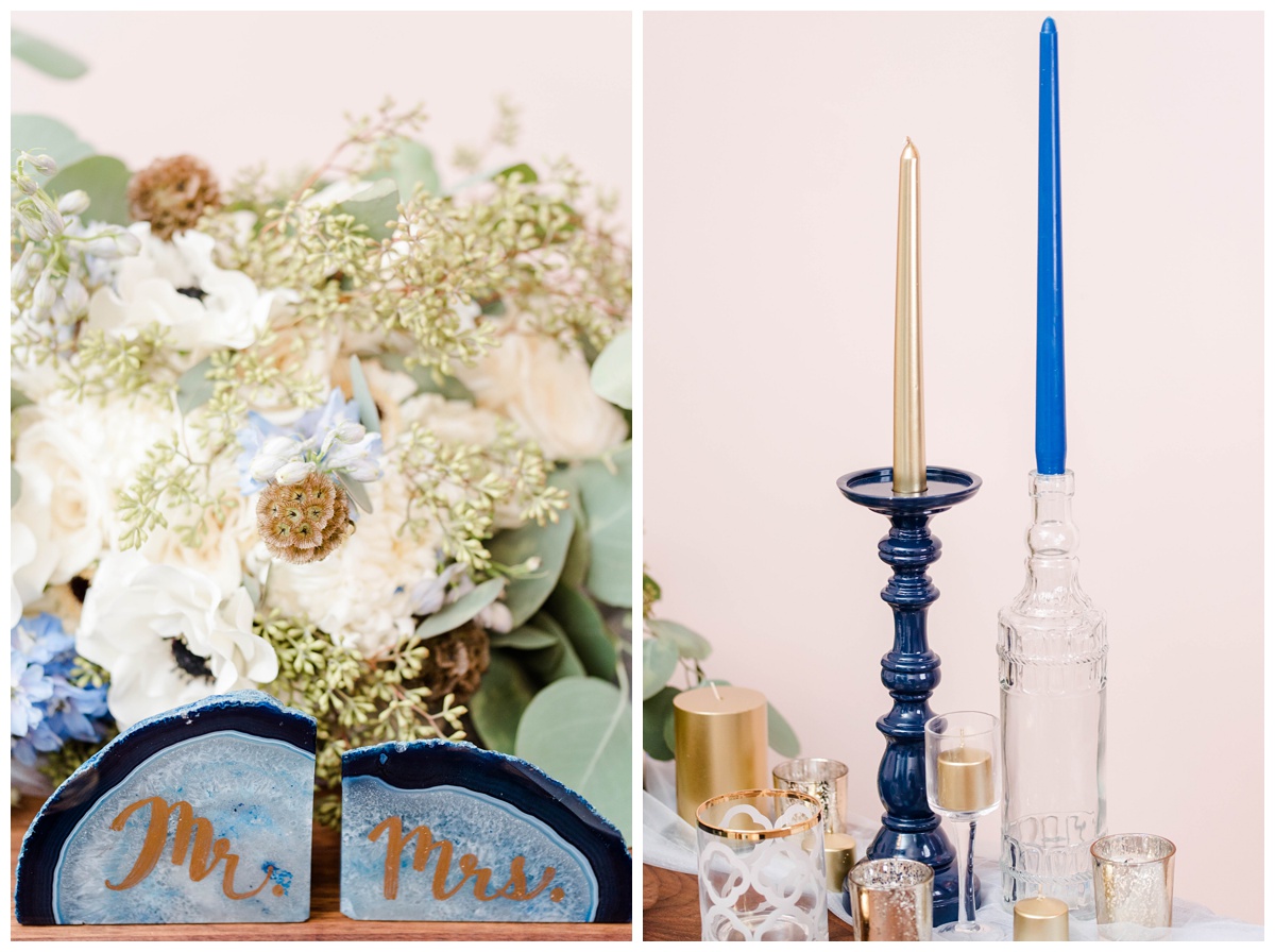 shades of blue wedding inspiration at quirk hotel in richmond virginia by rva wedding photographer sarah & dave photography bride and groom sitting on iconic quirk hotel couch rva virginia wedding blue wedding inspo ideas gold and blue modern wedding reception decor table setting inspo black and white floral menu inspiration richmond rva caterer blue and white floral arrangement table centerpiece