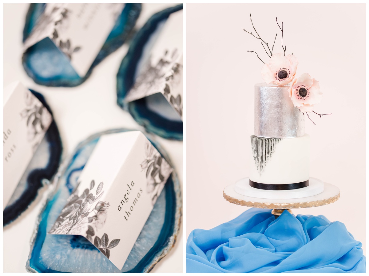shades of blue wedding inspiration at quirk hotel in richmond virginia by rva wedding photographer sarah & dave photography bride and groom sitting on iconic quirk hotel couch rva virginia wedding blue wedding inspo ideas gold and blue modern wedding reception decor table setting inspo blue candlestick wedding table place setting with candles centerpieces and geodes ideas richmond wedding cake bakery black and silver modern wedding cake design