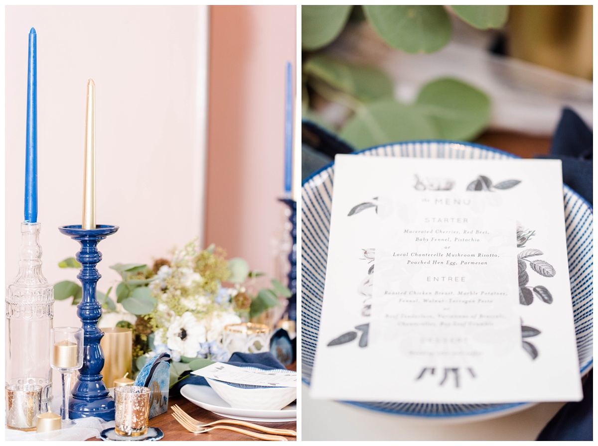 shades of blue wedding inspiration at quirk hotel in richmond virginia by rva wedding photographer sarah & dave photography bride and groom sitting on iconic quirk hotel couch rva virginia wedding blue wedding inspo ideas gold and blue modern wedding reception decor table setting inspo black and white floral menu inspiration richmond rva caterer